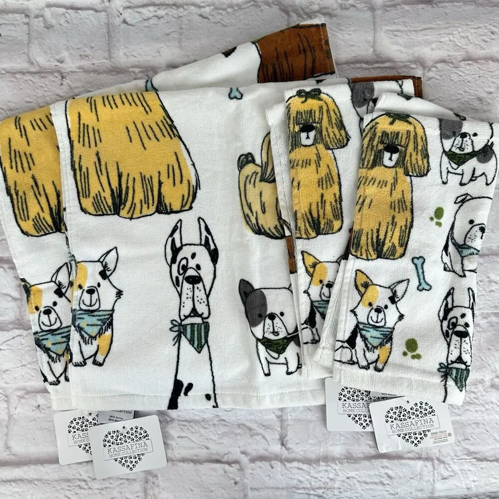 Kassafina Dog Pup Bath Hand Bath Kitchen Towel Wash Cloth Set 4 NWT